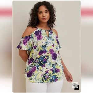 NWT Torrid Sz 1X Multicolor Floral Georgette Chain-Link Cold Shoulder Blouse